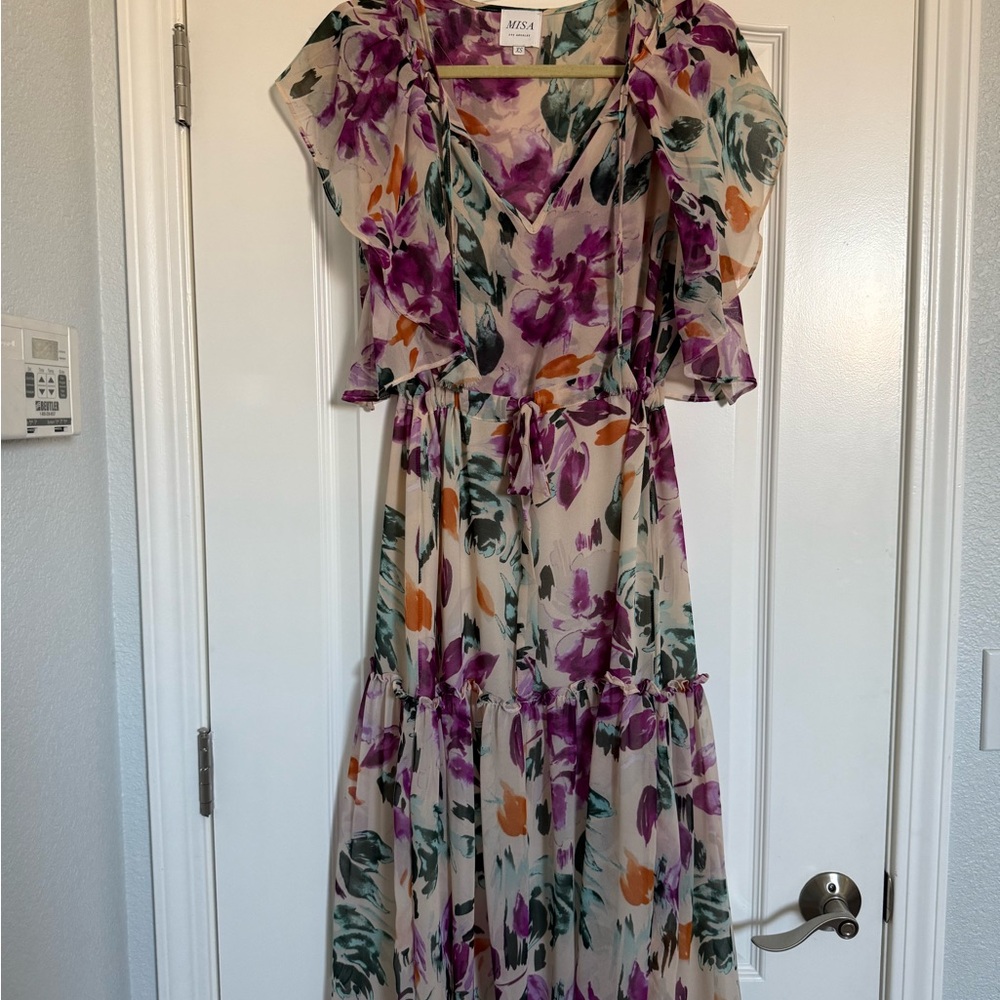 Misa Los Angeles Purple and Orange Floral Midi Dress